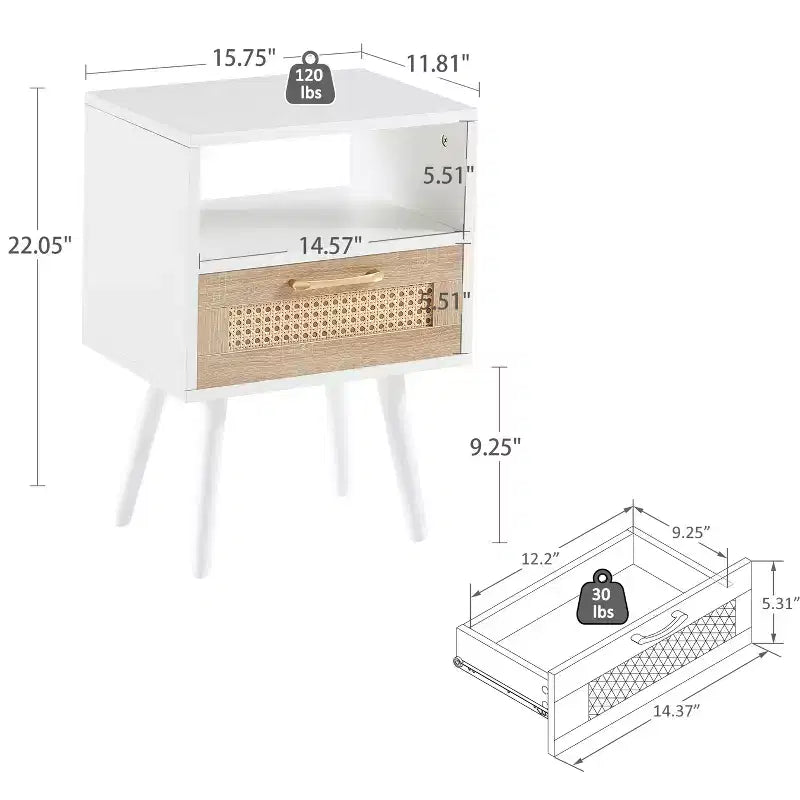 15.75 Rattan Nightstand with Woven Drawer,Accent End Table with Open Shelf,Wood Side Table for Living Room,Bedroom