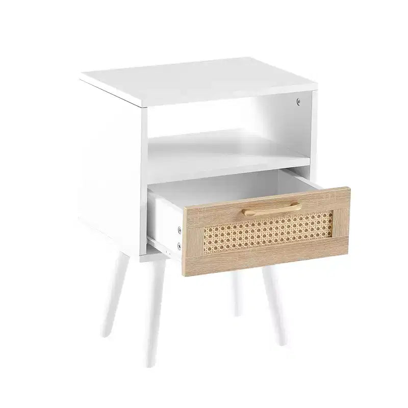 15.75 Rattan Nightstand with Woven Drawer,Accent End Table with Open Shelf,Wood Side Table for Living Room,Bedroom