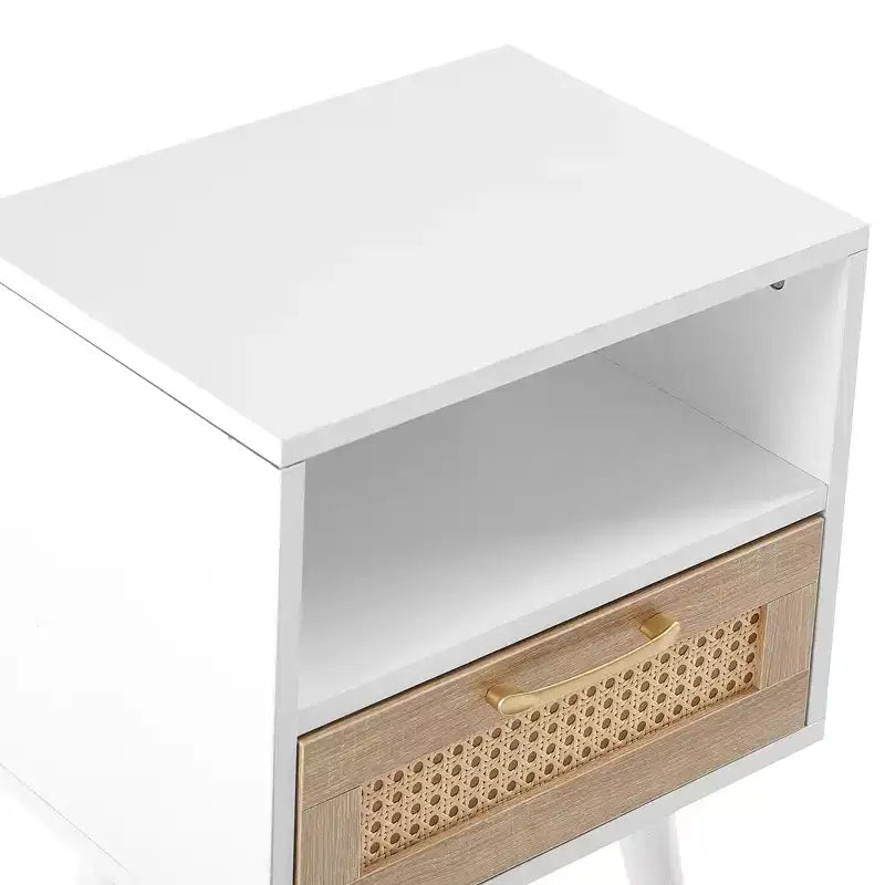 15.75 Rattan Nightstand with Woven Drawer,Accent End Table with Open Shelf,Wood Side Table for Living Room,Bedroom
