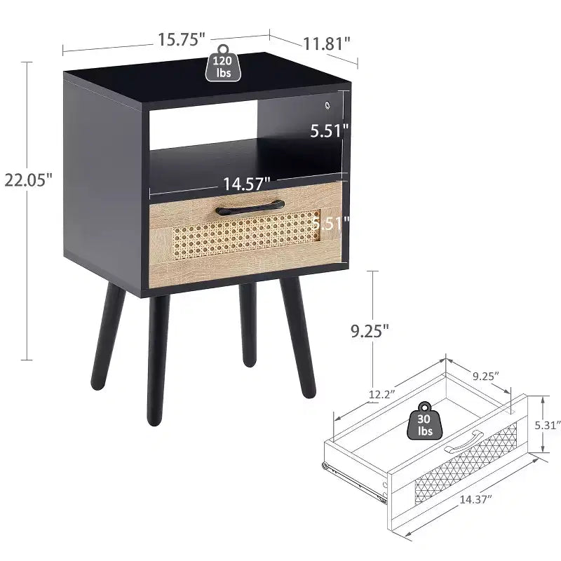 15.75 Rattan Nightstand with Woven Drawer,Accent End Table with Open Shelf,Wood Side Table for Living Room,Bedroom