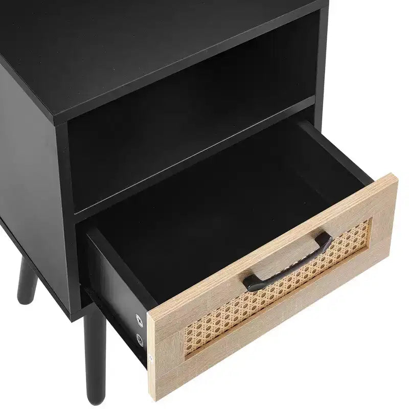 15.75 Rattan Nightstand with Woven Drawer,Accent End Table with Open Shelf,Wood Side Table for Living Room,Bedroom