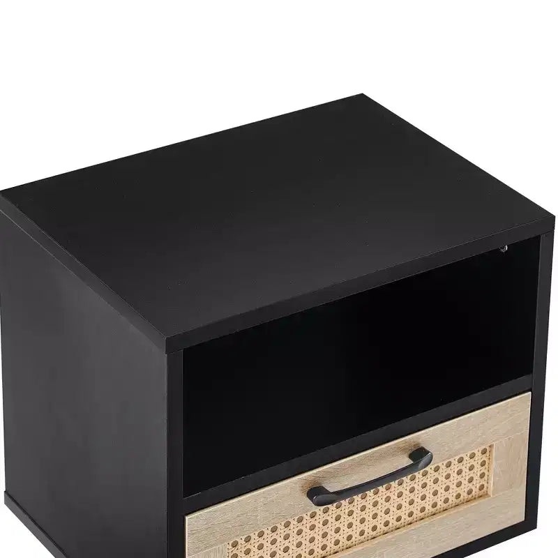 15.75 Rattan Nightstand with Woven Drawer,Accent End Table with Open Shelf,Wood Side Table for Living Room,Bedroom