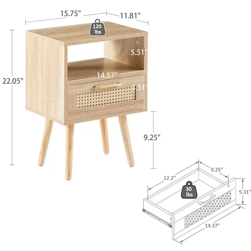 15.75 Rattan Nightstand with Woven Drawer,Accent End Table with Open Shelf,Wood Side Table for Living Room,Bedroom