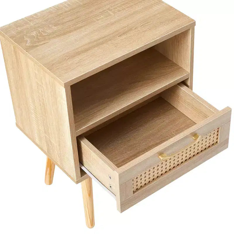 15.75 Rattan Nightstand with Woven Drawer,Accent End Table with Open Shelf,Wood Side Table for Living Room,Bedroom