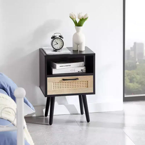 TUYOHW 15.75 Rattan Nightstand with Woven Drawer,Accent End Table with Open Shelf,Wood Side Table for Living Room,Bedroom
