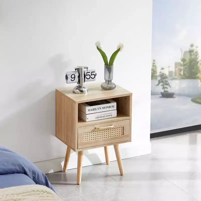 15.75 Rattan Nightstand with Woven Drawer,Accent End Table with Open Shelf,Wood Side Table for Living Room,Bedroom