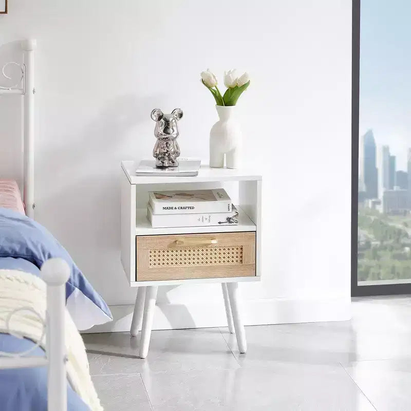 15.75 Rattan Nightstand with Woven Drawer,Accent End Table with Open Shelf,Wood Side Table for Living Room,Bedroom