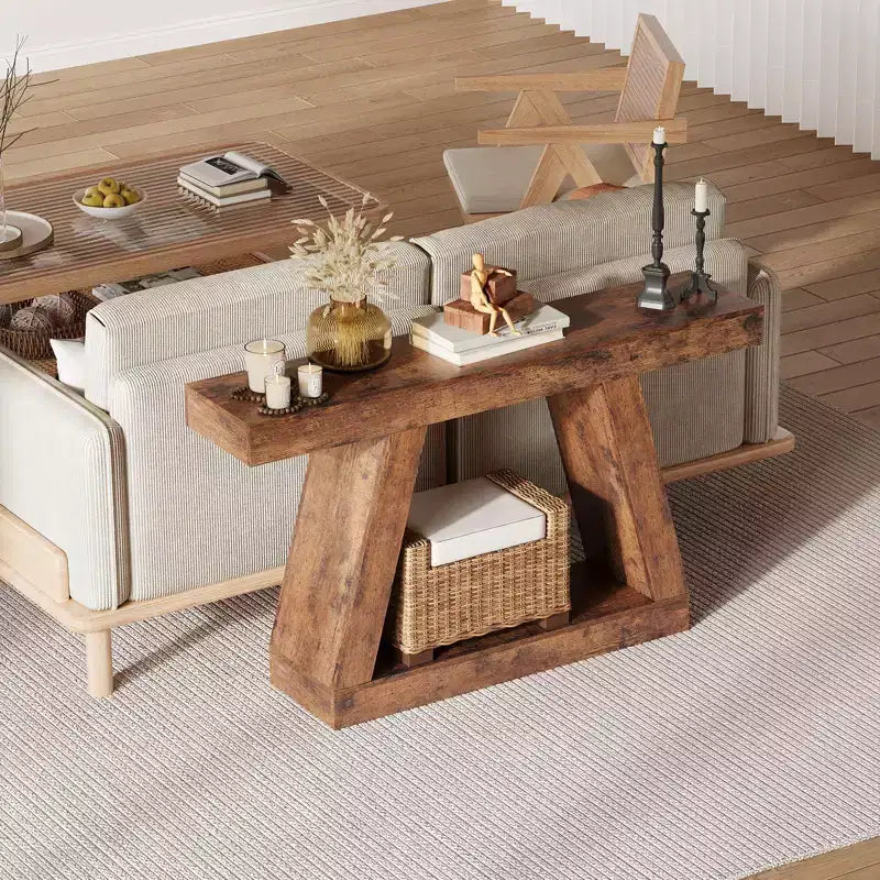 55 Narrow Console Table with Storage, Farmhouse 2-Tier Sofa Table for Behind Couch, Entryway & Hallway Table for Living Room, Foyer, Office
