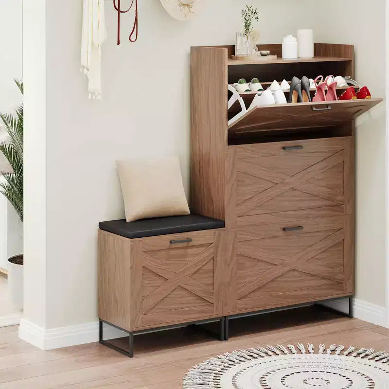 Shoe Storage Cabinet with Shoe Bench, Farmhouse Entryway Shoe Storage with 4 Flip Drawers and Seat Cushion, Narrow Hidden Shoe Rack Cabinet