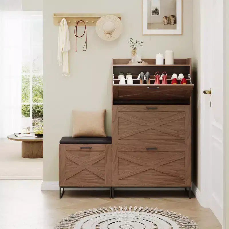 Shoe Storage Cabinet with Shoe Bench, Farmhouse Entryway Shoe Storage with 4 Flip Drawers and Seat Cushion, Narrow Hidden Shoe Rack Cabinet