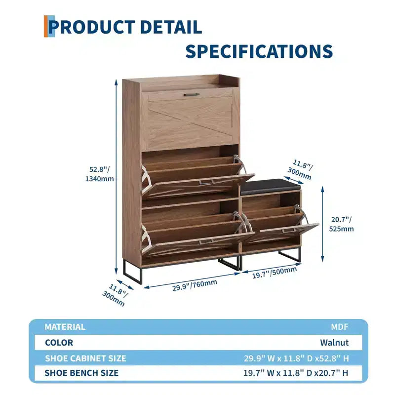 Shoe Storage Cabinet with Shoe Bench, Farmhouse Entryway Shoe Storage with 4 Flip Drawers and Seat Cushion, Narrow Hidden Shoe Rack Cabinet