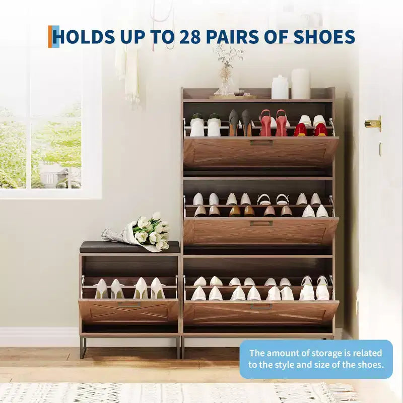Shoe Storage Cabinet with Shoe Bench, Farmhouse Entryway Shoe Storage with 4 Flip Drawers and Seat Cushion, Narrow Hidden Shoe Rack Cabinet