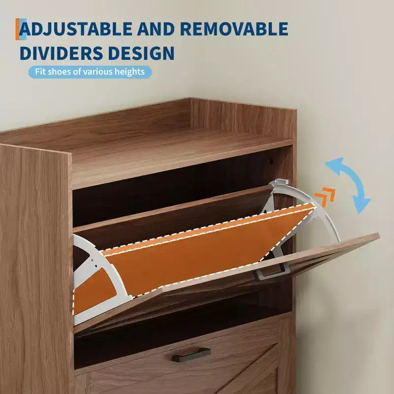 Shoe Storage Cabinet with Shoe Bench, Farmhouse Entryway Shoe Storage with 4 Flip Drawers and Seat Cushion, Narrow Hidden Shoe Rack Cabinet
