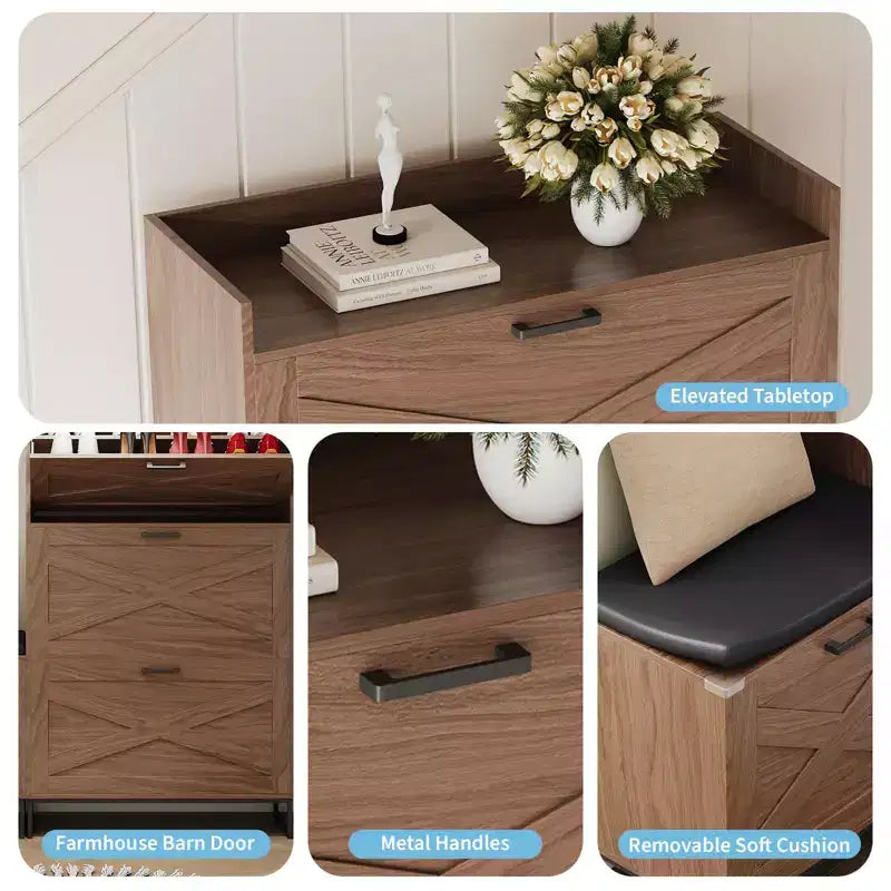 Shoe Storage Cabinet with Shoe Bench, Farmhouse Entryway Shoe Storage with 4 Flip Drawers and Seat Cushion, Narrow Hidden Shoe Rack Cabinet