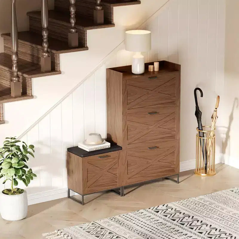 Shoe Storage Cabinet with Shoe Bench, Farmhouse Entryway Shoe Storage with 4 Flip Drawers and Seat Cushion, Narrow Hidden Shoe Rack Cabinet