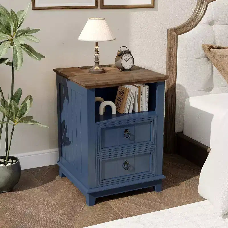 18in Nightstand with Charging Station, Farmhouse Bed Side Table Wood End Table with 2 Drawers and Open Shelf for Bedroom Living Room