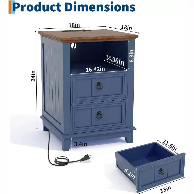 18in Nightstand with Charging Station, Farmhouse Bed Side Table Wood End Table with 2 Drawers and Open Shelf for Bedroom Living Room