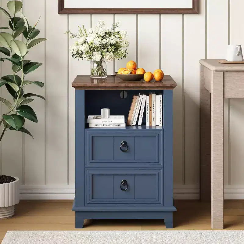 18in Nightstand with Charging Station, Farmhouse Bed Side Table Wood End Table with 2 Drawers and Open Shelf for Bedroom Living Room