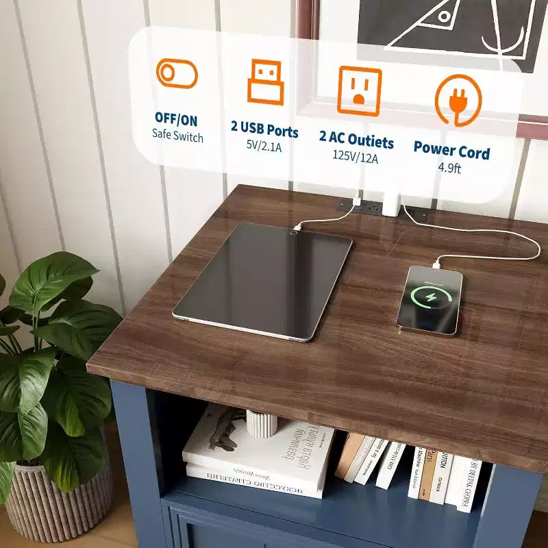18in Nightstand with Charging Station, Farmhouse Bed Side Table Wood End Table with 2 Drawers and Open Shelf for Bedroom Living Room