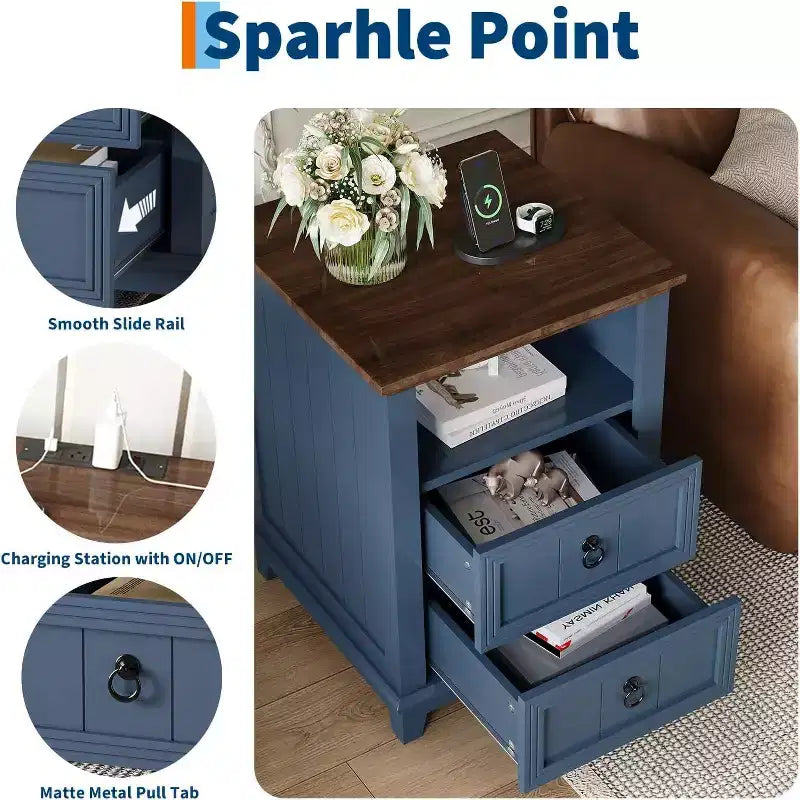 18in Nightstand with Charging Station, Farmhouse Bed Side Table Wood End Table with 2 Drawers and Open Shelf for Bedroom Living Room