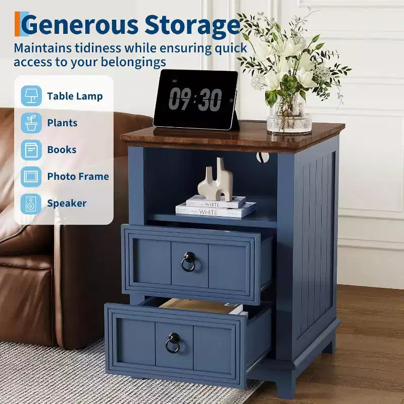 18in Nightstand with Charging Station, Farmhouse Bed Side Table Wood End Table with 2 Drawers and Open Shelf for Bedroom Living Room