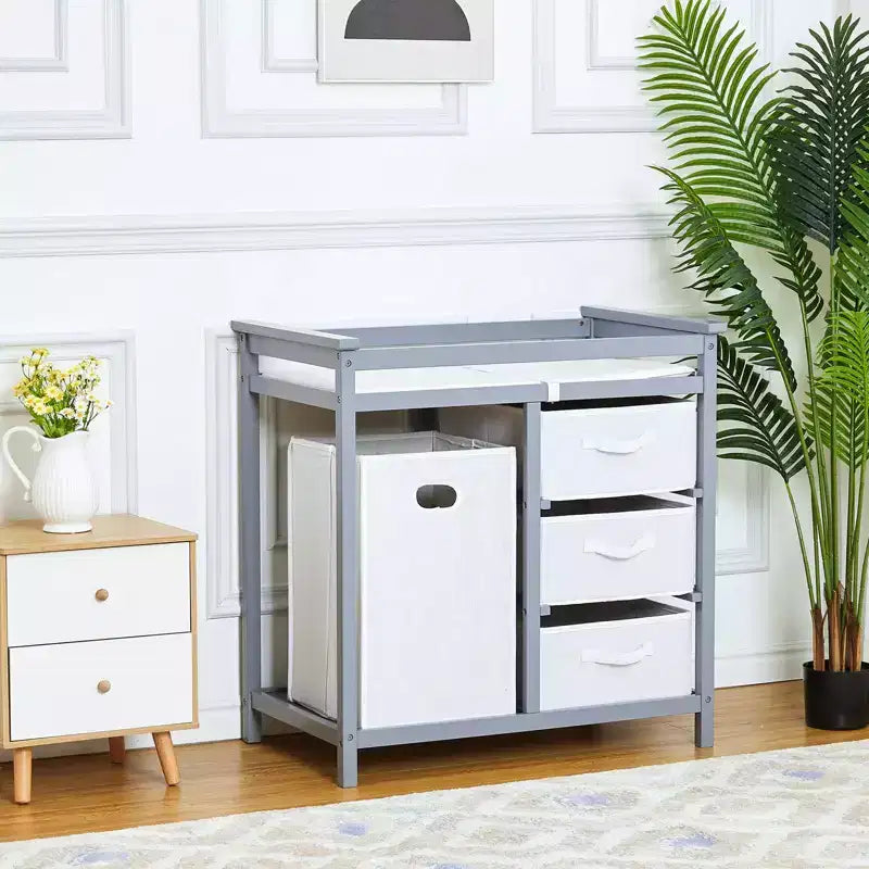 Wooden Baby Changing Table, Modern Diaper Changing Table, Infant Diaper Changing Station Dresser with Laundry Hamper, 3 Drawer and Changing Pad