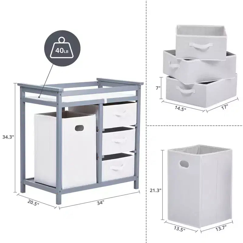 Wooden Baby Changing Table, Modern Diaper Changing Table, Infant Diaper Changing Station Dresser with Laundry Hamper, 3 Drawer and Changing Pad