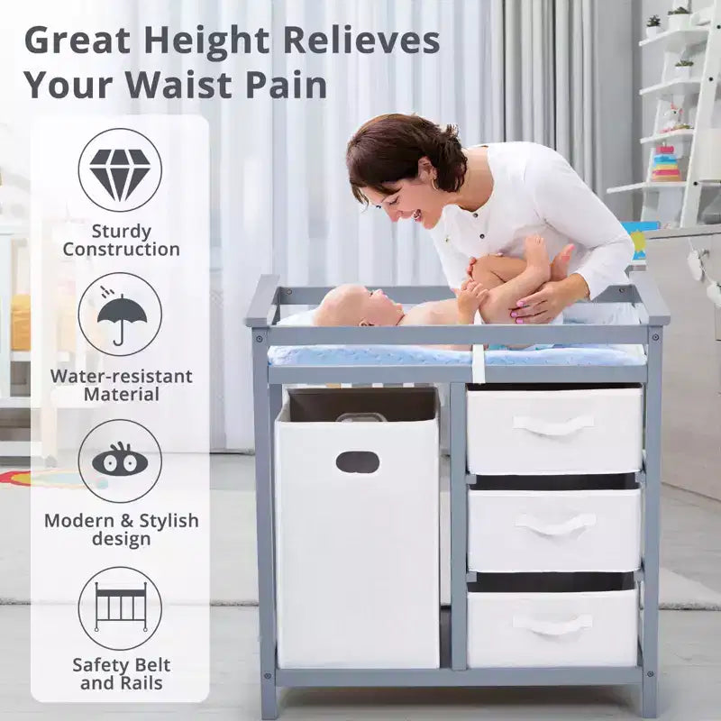 Wooden Baby Changing Table, Modern Diaper Changing Table, Infant Diaper Changing Station Dresser with Laundry Hamper, 3 Drawer and Changing Pad