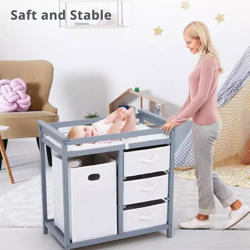 Wooden Baby Changing Table, Modern Diaper Changing Table, Infant Diaper Changing Station Dresser with Laundry Hamper, 3 Drawer and Changing Pad