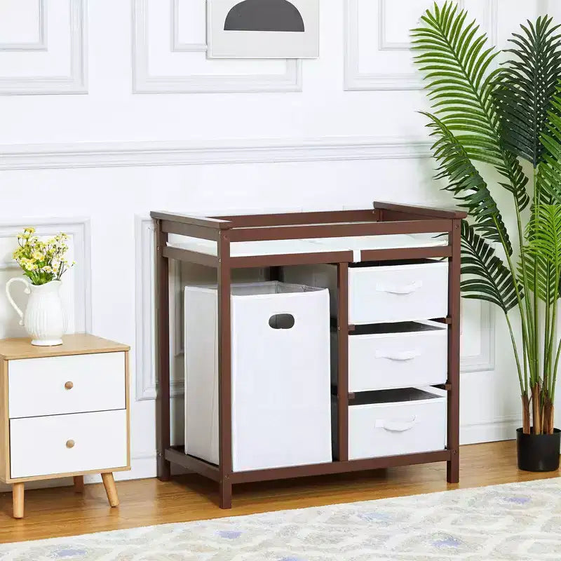 Wooden Baby Changing Table, Modern Diaper Changing Table, Infant Diaper Changing Station Dresser with Laundry Hamper, 3 Drawer and Changing Pad