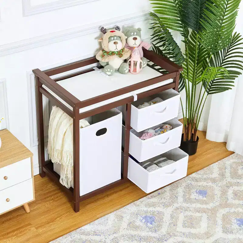 Wooden Baby Changing Table, Modern Diaper Changing Table, Infant Diaper Changing Station Dresser with Laundry Hamper, 3 Drawer and Changing Pad