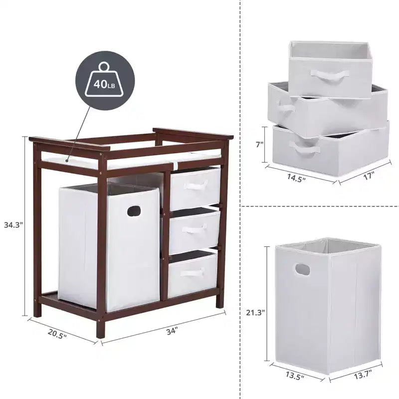 Wooden Baby Changing Table, Modern Diaper Changing Table, Infant Diaper Changing Station Dresser with Laundry Hamper, 3 Drawer and Changing Pad