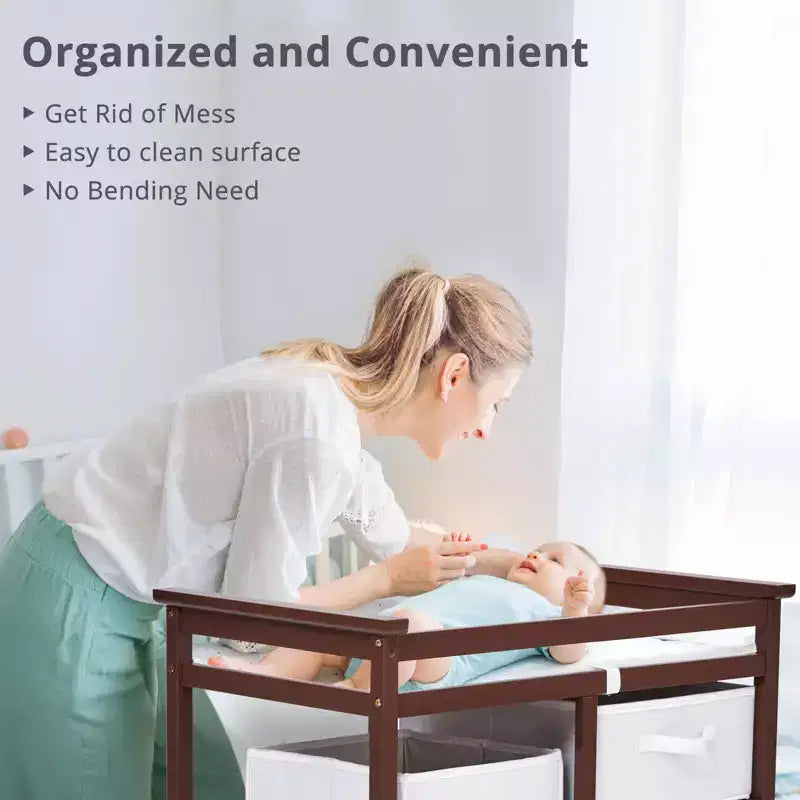 Wooden Baby Changing Table, Modern Diaper Changing Table, Infant Diaper Changing Station Dresser with Laundry Hamper, 3 Drawer and Changing Pad