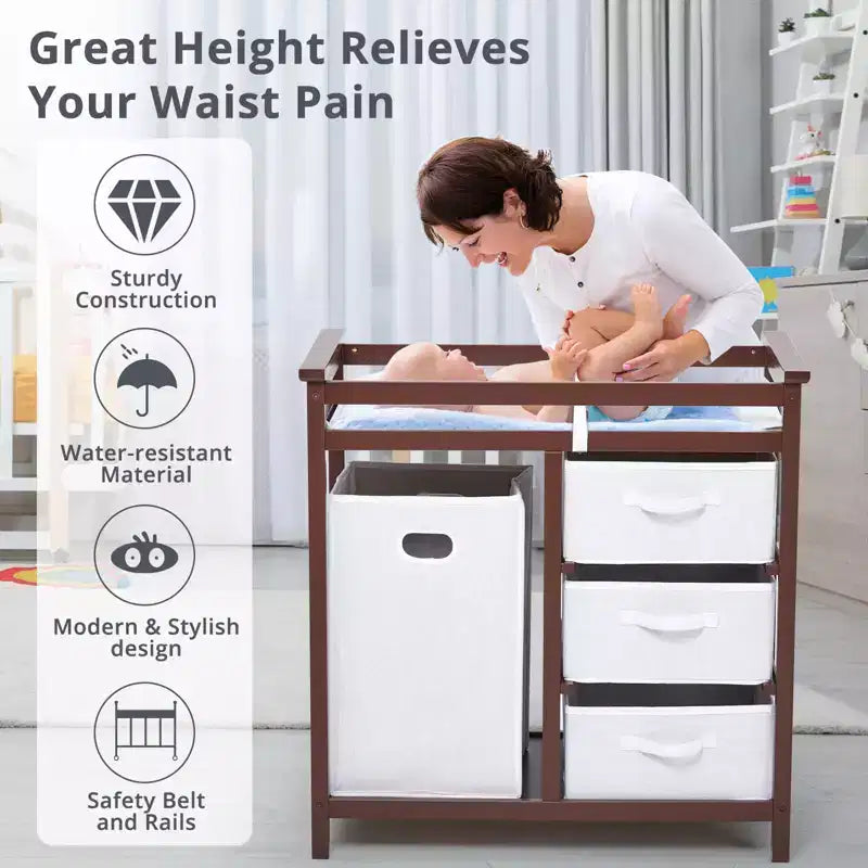 Wooden Baby Changing Table, Modern Diaper Changing Table, Infant Diaper Changing Station Dresser with Laundry Hamper, 3 Drawer and Changing Pad