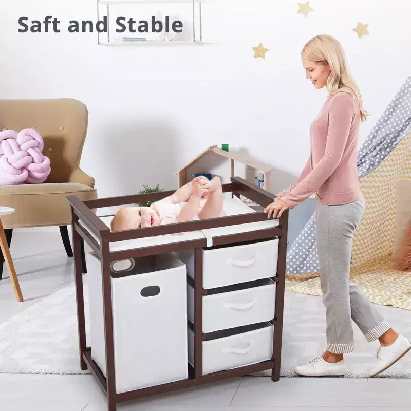 Wooden Baby Changing Table, Modern Diaper Changing Table, Infant Diaper Changing Station Dresser with Laundry Hamper, 3 Drawer and Changing Pad