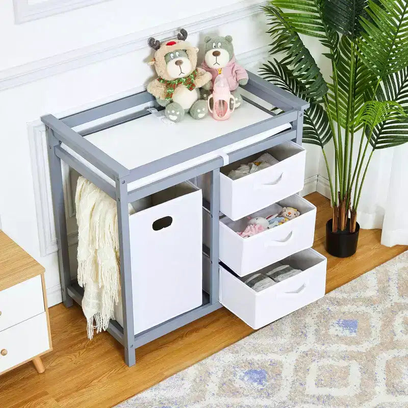 Wooden Baby Changing Table, Modern Diaper Changing Table, Infant Diaper Changing Station Dresser with Laundry Hamper, 3 Drawer and Changing Pad