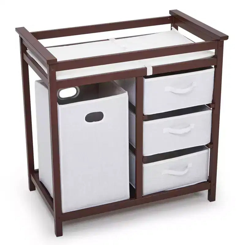 Wooden Baby Changing Table, Modern Diaper Changing Table, Infant Diaper Changing Station Dresser with Laundry Hamper, 3 Drawer and Changing Pad