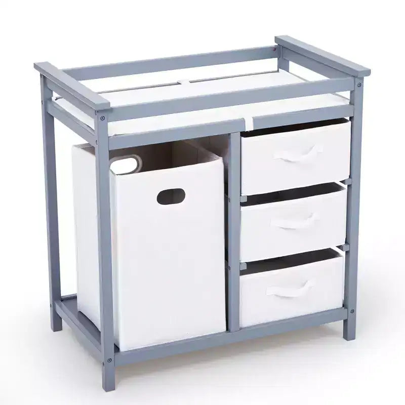 Wooden Baby Changing Table, Modern Diaper Changing Table, Infant Diaper Changing Station Dresser with Laundry Hamper, 3 Drawer and Changing Pad