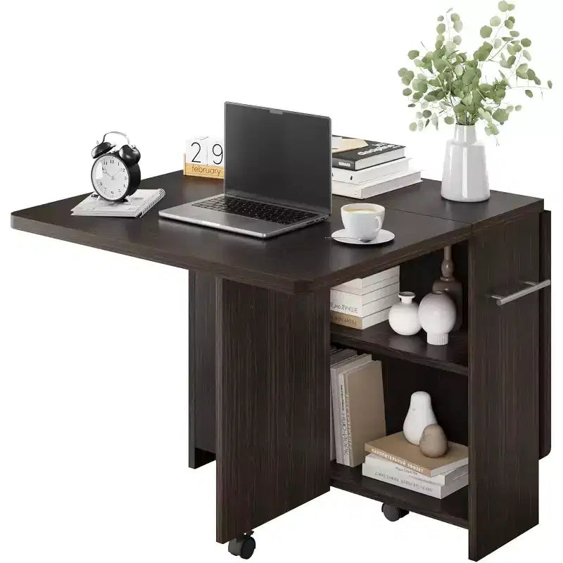 FULVARI Multipurpose Folding Table w/ Wheels, 2 Storage Shelves, Cubby, Handle,For Dining Room, Office , Living Room