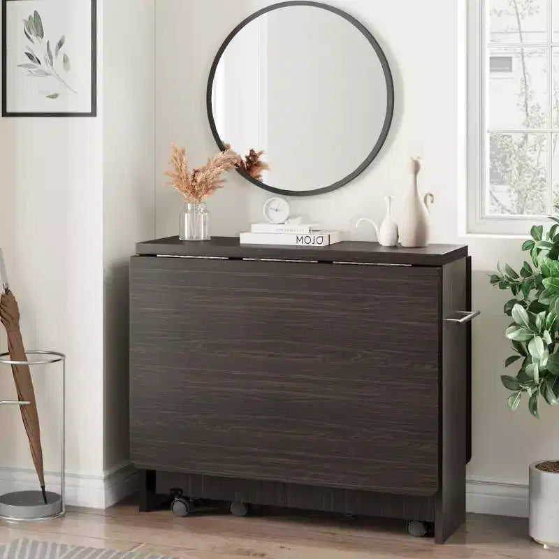 Multipurpose Folding Table w/ Wheels, 2 Storage Shelves, Cubby, Handle,For Dining Room, Office, Living Room
