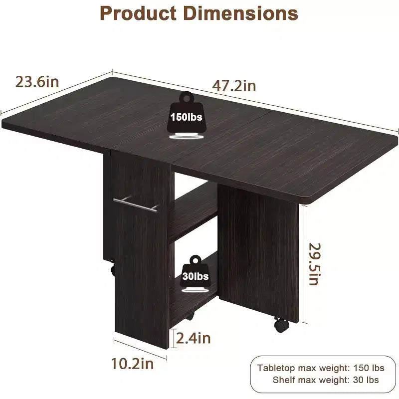 Multipurpose Folding Table w/ Wheels, 2 Storage Shelves, Cubby, Handle,For Dining Room, Office, Living Room