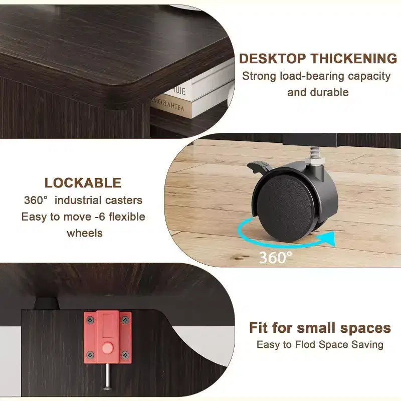 Multipurpose Folding Table w/ Wheels, 2 Storage Shelves, Cubby, Handle,For Dining Room, Office, Living Room