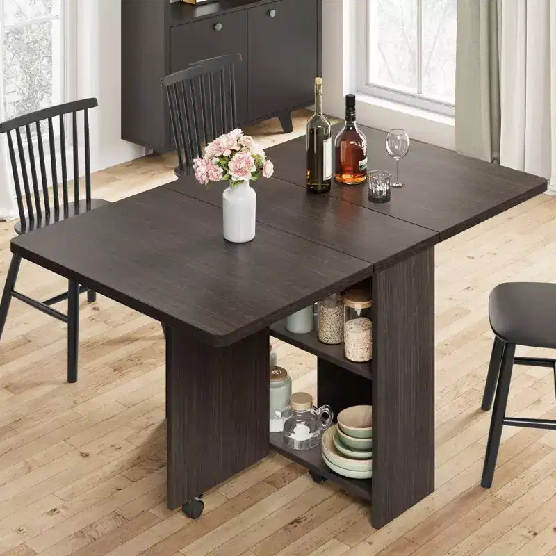 Table pliante multi-usages avec roulettes, 2 étagères de rangement, compartiment, poignée, pour salle à manger, bureau, salon