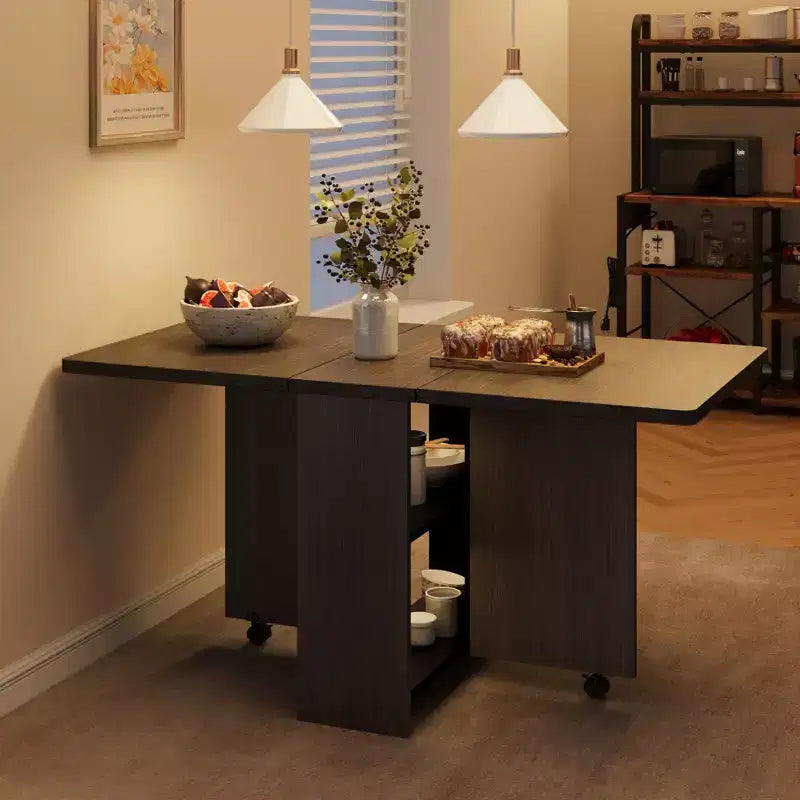 Table pliante multi-usages avec roulettes, 2 étagères de rangement, compartiment, poignée, pour salle à manger, bureau, salon