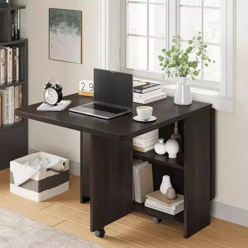 Table pliante multi-usages avec roulettes, 2 étagères de rangement, compartiment, poignée, pour salle à manger, bureau, salon