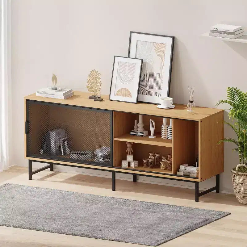 ndustrial TV Stand with Metal Mesh Sliding Doors, Modern Wood TV Cabinet Sideboards with Metal Legs, Cable Management Holes, Ample Storage Space
