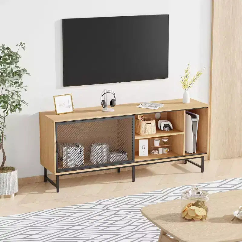 ndustrial TV Stand with Metal Mesh Sliding Doors, Modern Wood TV Cabinet Sideboards with Metal Legs, Cable Management Holes, Ample Storage Space