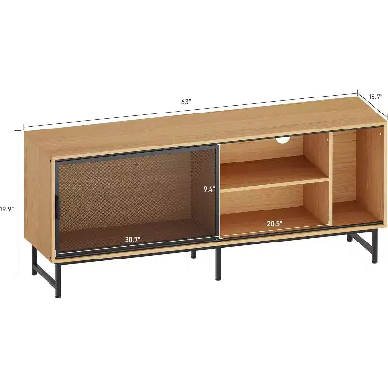 ndustrial TV Stand with Metal Mesh Sliding Doors, Modern Wood TV Cabinet Sideboards with Metal Legs, Cable Management Holes, Ample Storage Space