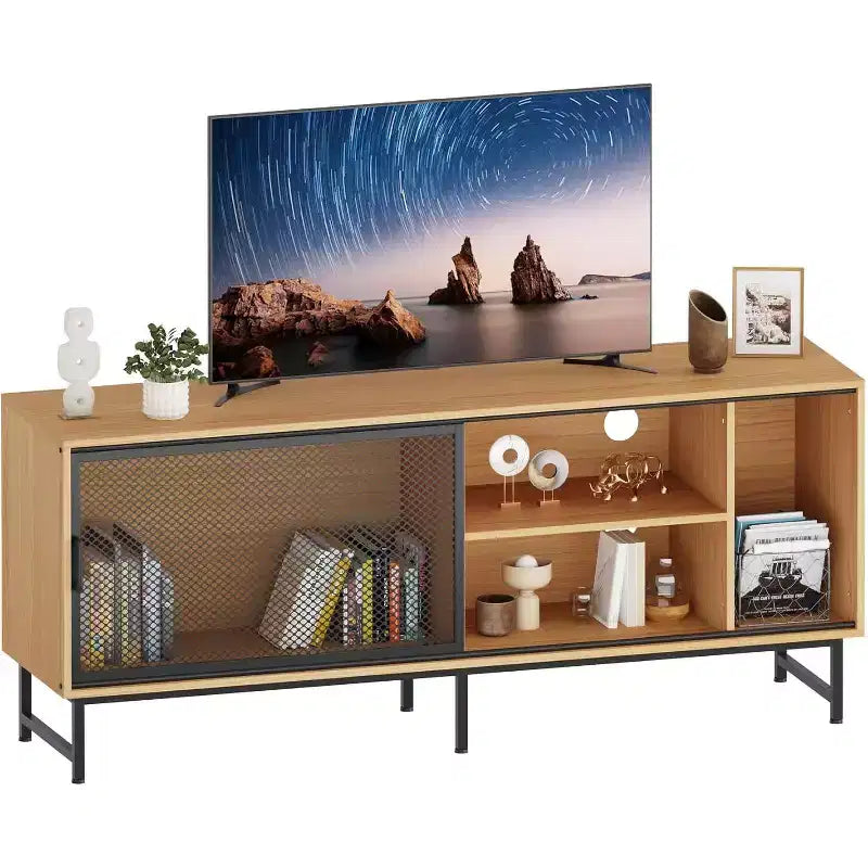 ndustrial TV Stand with Metal Mesh Sliding Doors, Modern Wood TV Cabinet Sideboards with Metal Legs, Cable Management Holes, Ample Storage Space