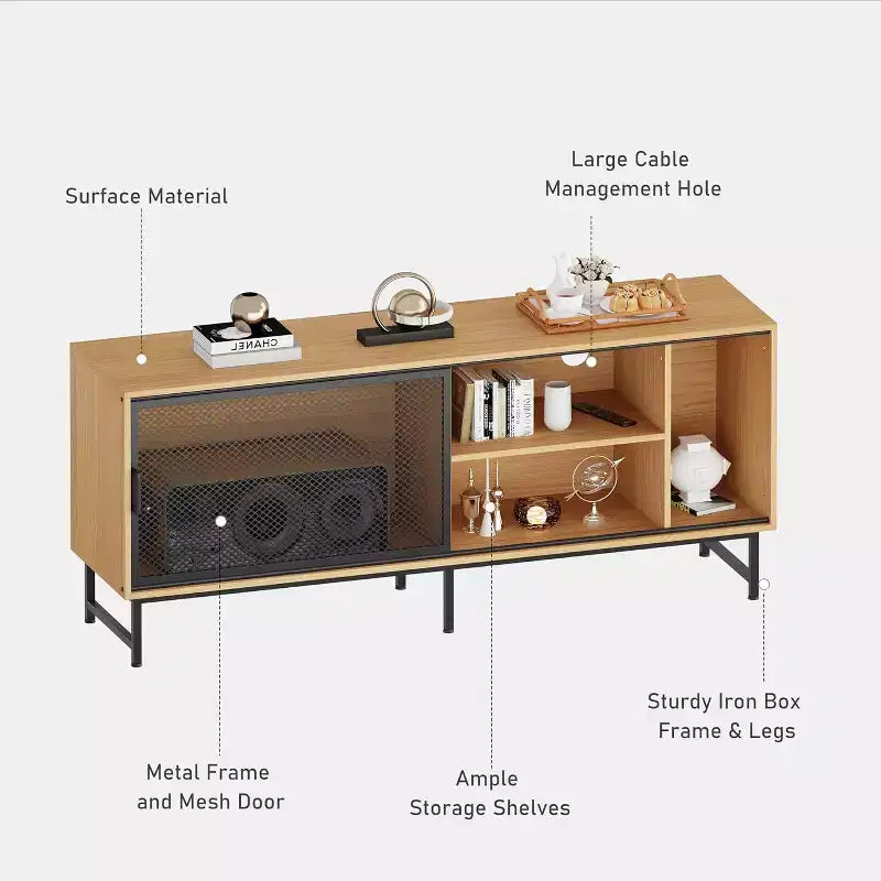 ndustrial TV Stand with Metal Mesh Sliding Doors, Modern Wood TV Cabinet Sideboards with Metal Legs, Cable Management Holes, Ample Storage Space